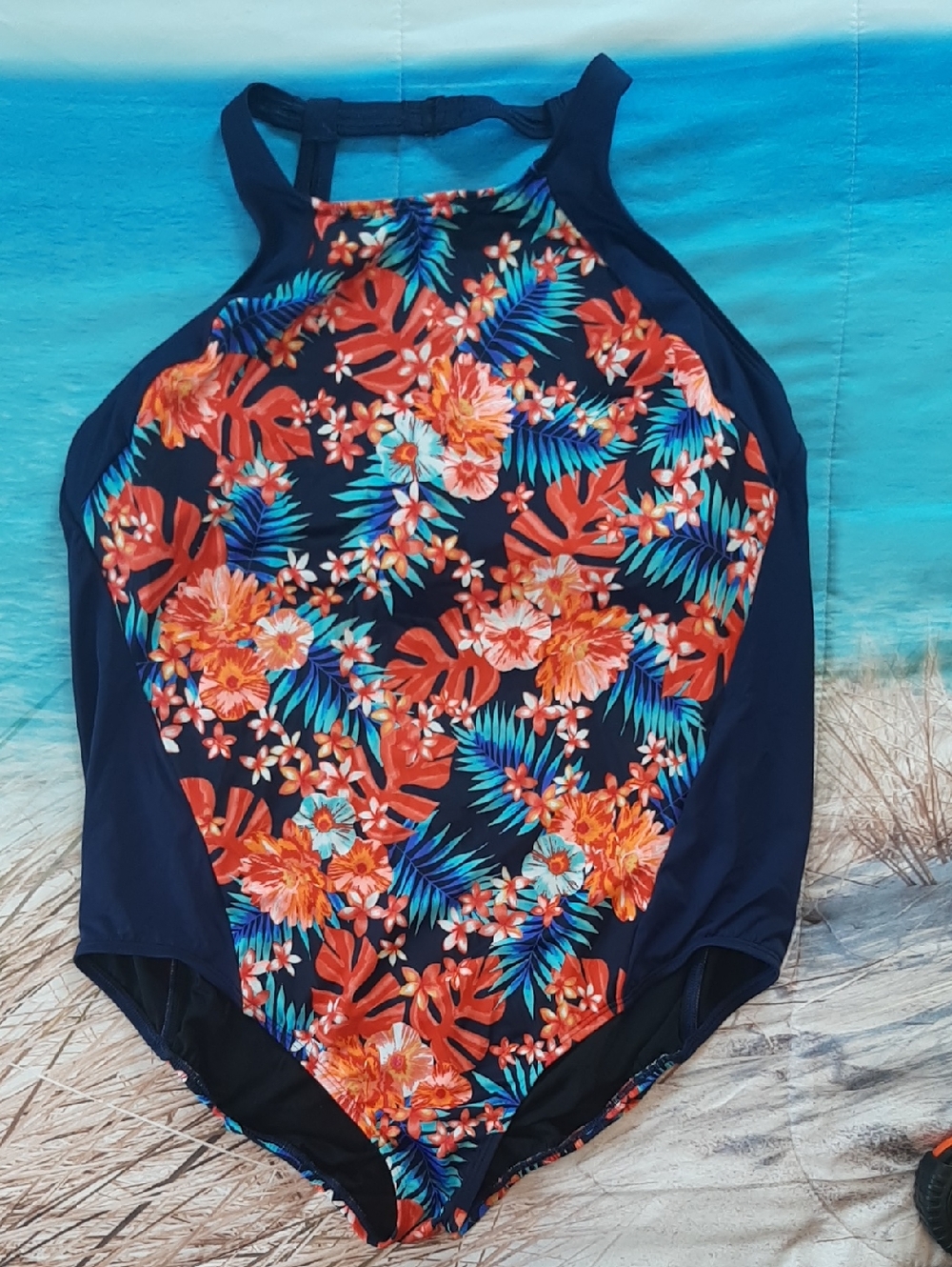 Lands' End 22 W  Navy One-Piece Swimsuit Navy With Tropical Floral Print Beach